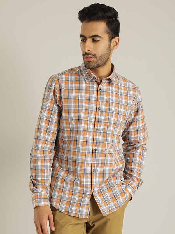 Indian Terrain Men Checkered Orange Shirt